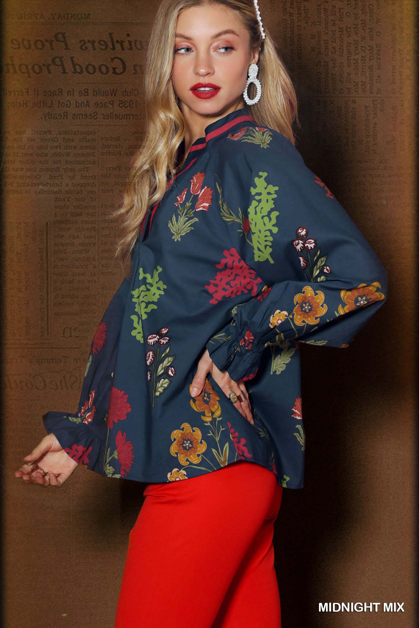 Umgee Floral Print Flounce Sleeve Blouse
