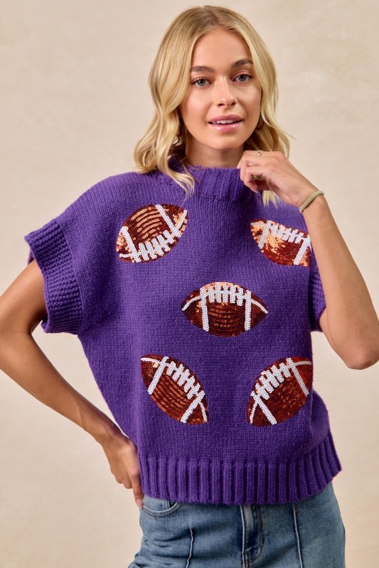 Gameday Sequin Football Patches Rib Banded Sweater
