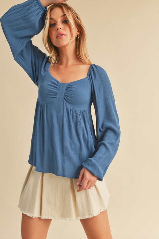 Ruched Sweetheart Neck Balloon Sleeve Blouse