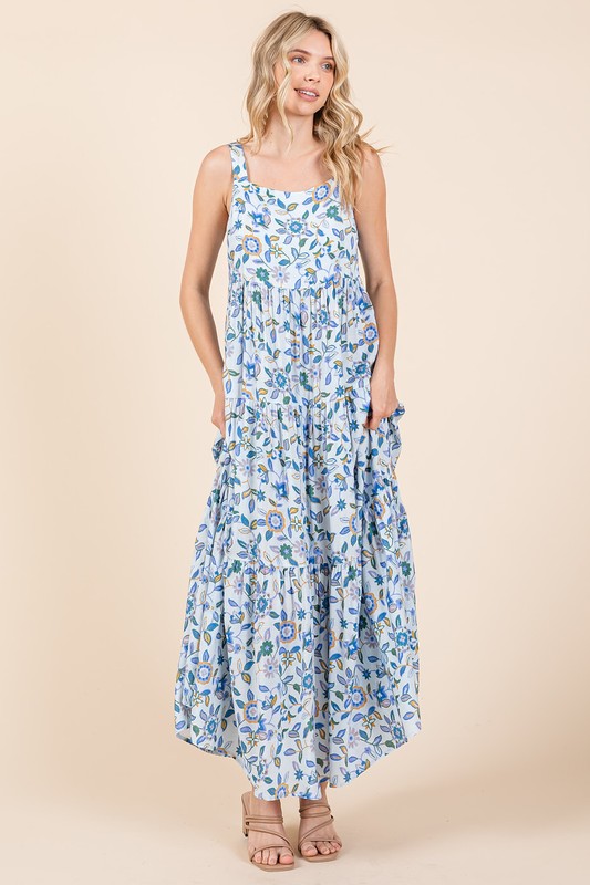 Flower Print Tiered Sleeveless Empire Maxi Dress