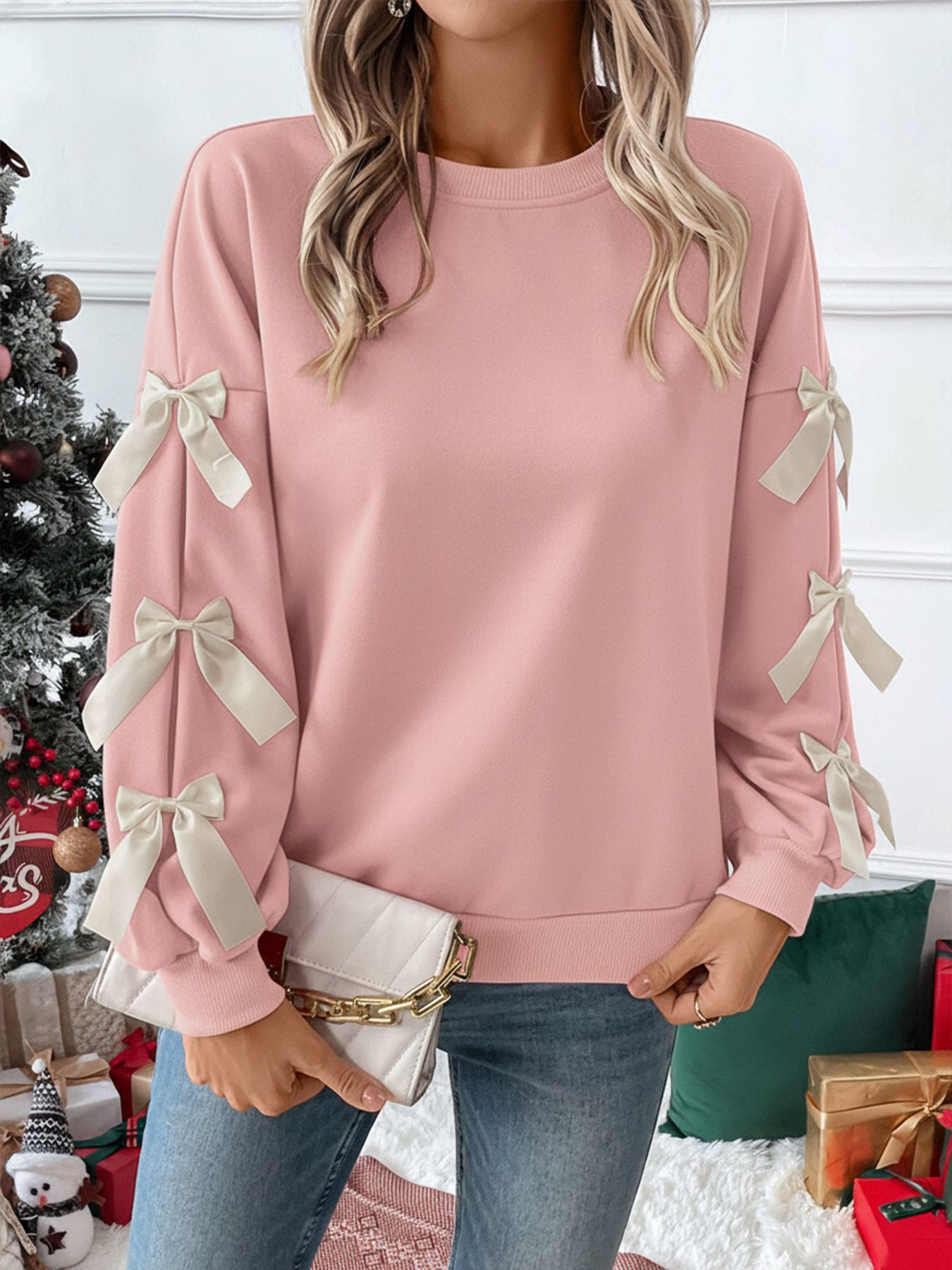 Bowknot Sleeve Round Neck Sweatshirt