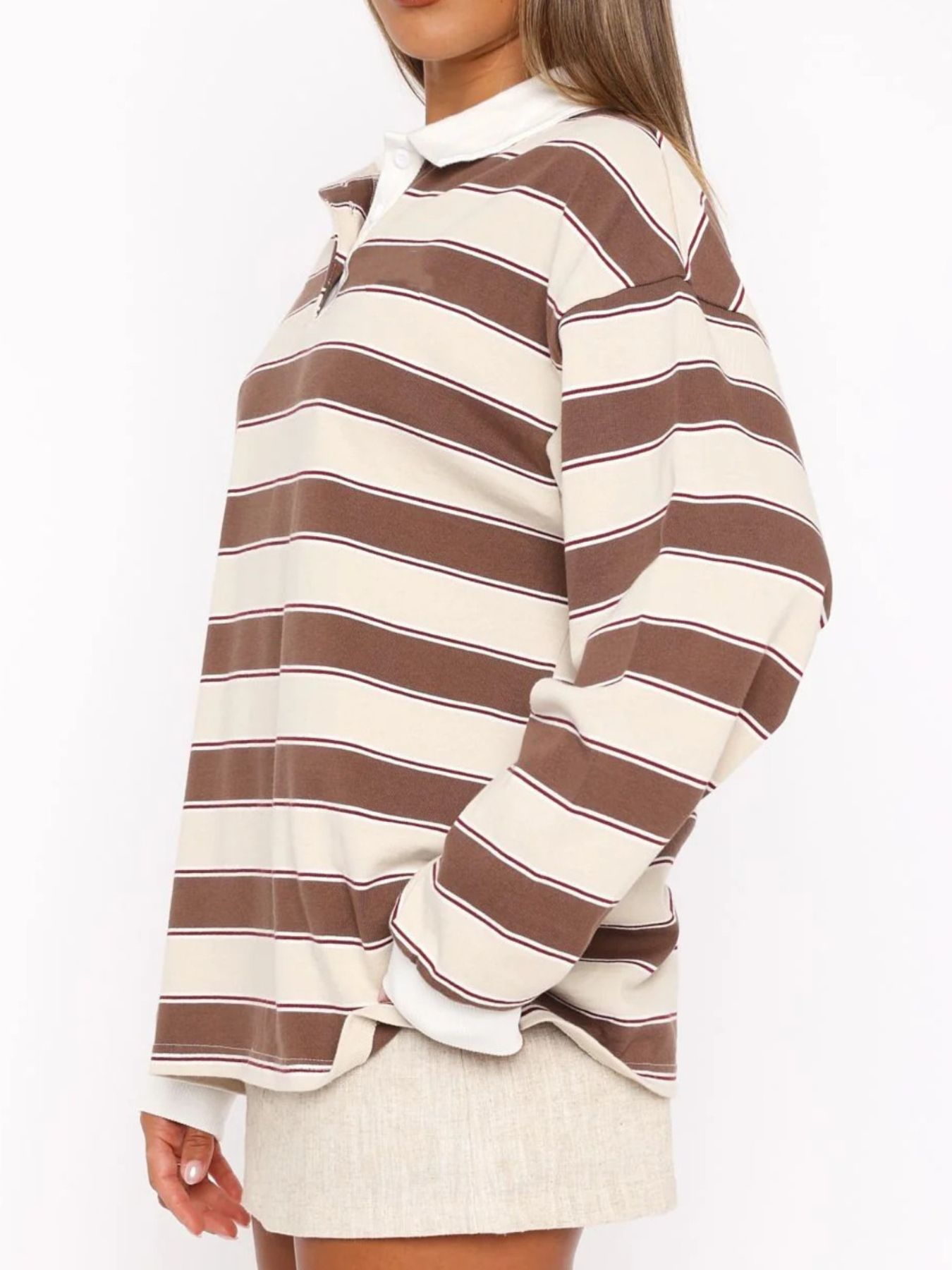 Striped Button Detail Long Sleeve Polo