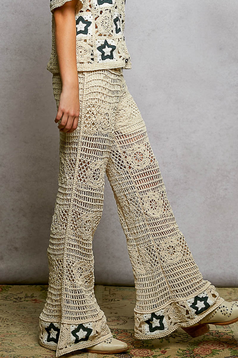 Openwork Crochet Flare Pants with Contrast Star