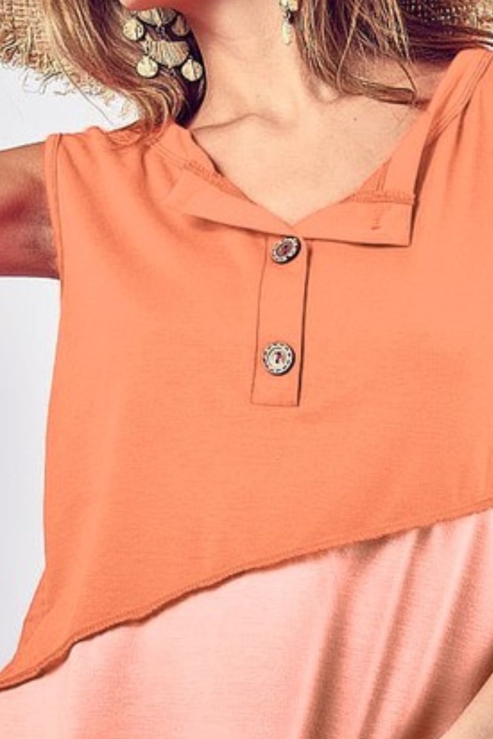 Color Block Contrast Stitching Buttoned Henley Top