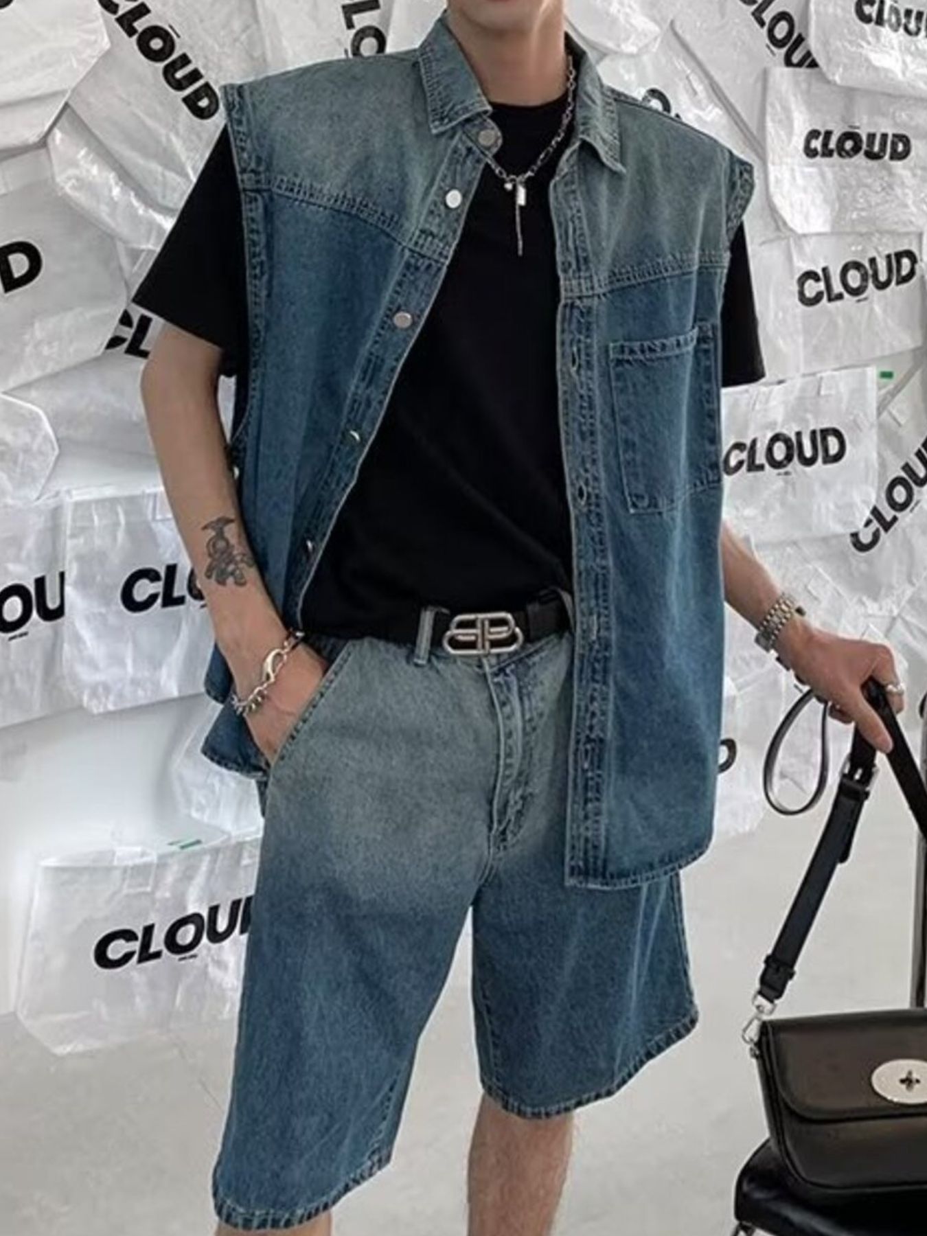 Men's Plus Size Button Up Vest and Shorts Denim Set