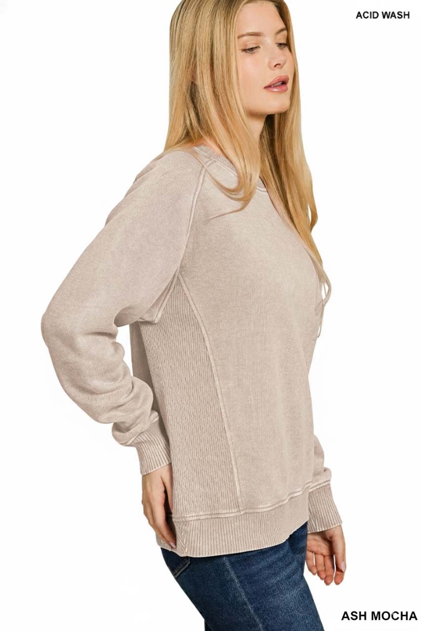 Acid Washed Fleece Sweatshirt with Side Rib