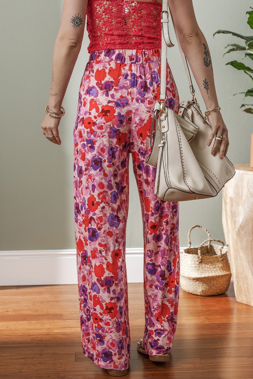 Floral Wide Leg Elastic High Waist Pants