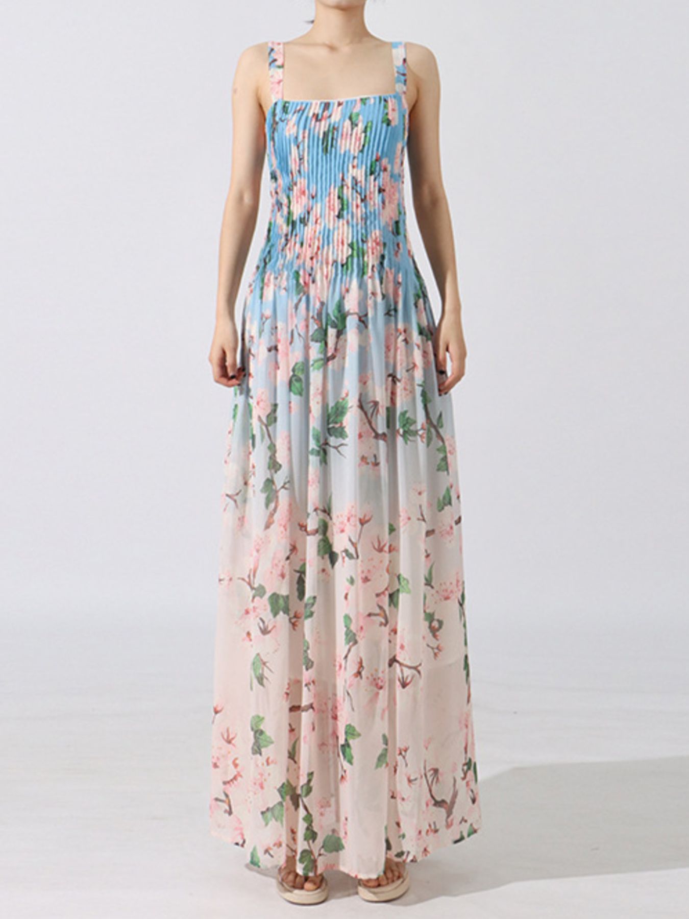Floral Print Pleated Maxi Dress