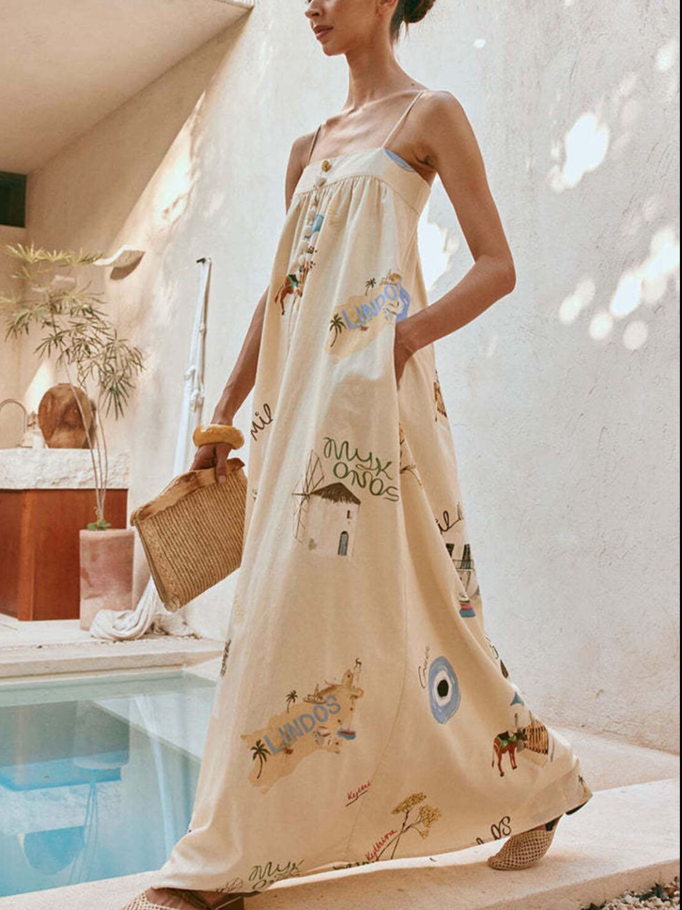 Bohemian Print Cami Maxi Dress with Pockets