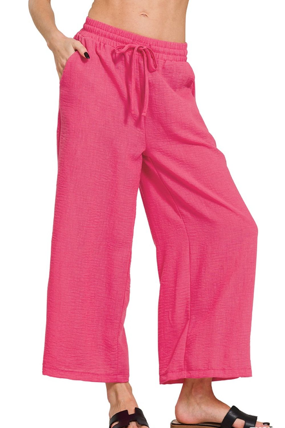 Woven Crepe Elastic Band Waist Cropped Pants