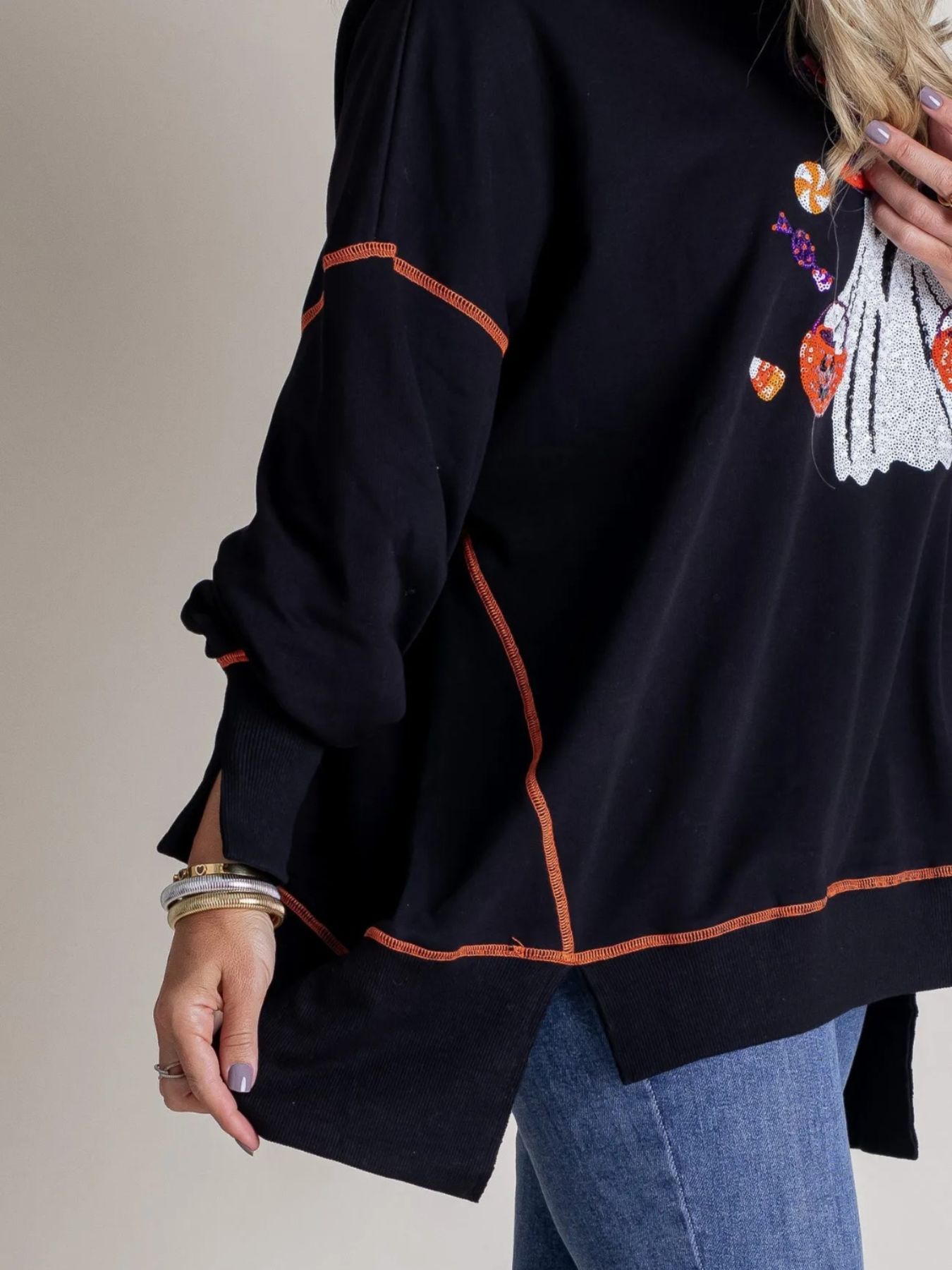 Halloween Ghost Sequin Exposed Seam Sweatshirt