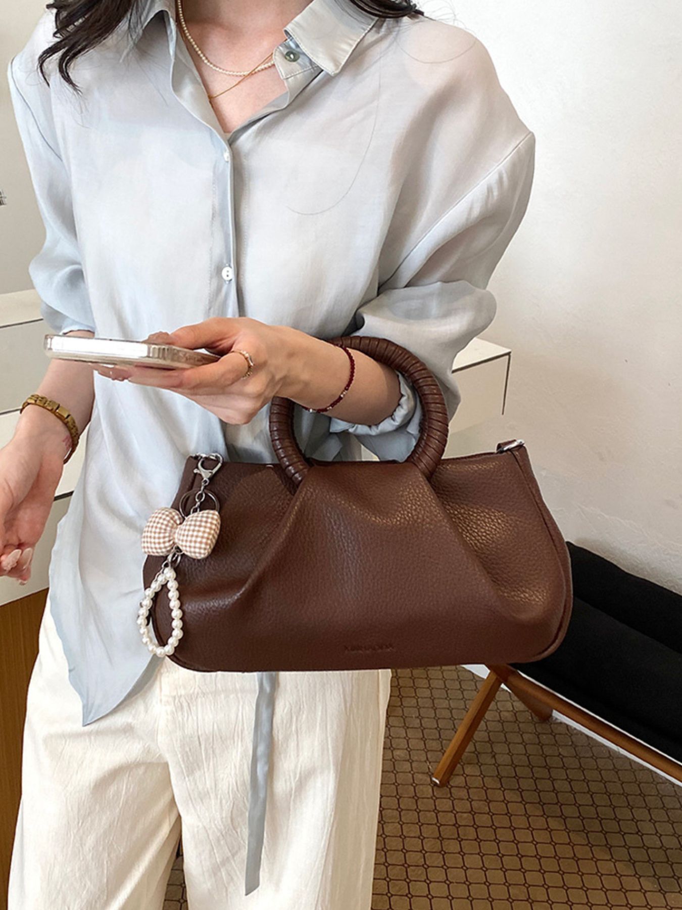 Top Handle Crossbody Bag with Pearl Bow Charm