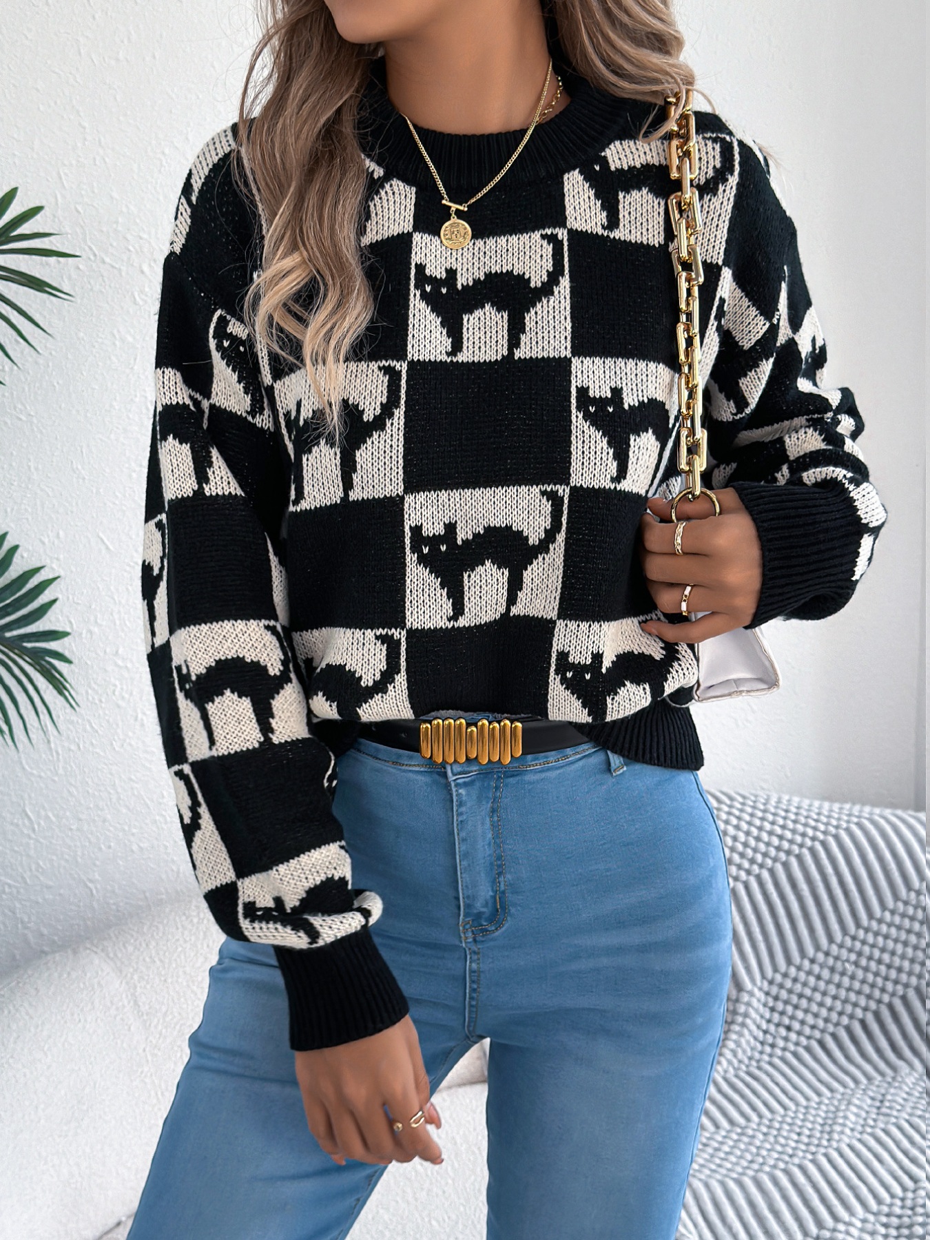 Cozy Cat Checkerboard Pattern Sweater