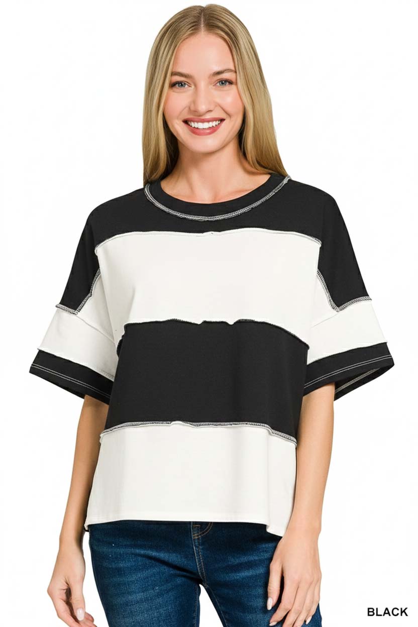 French Terry Color Block Exposed Seam Top