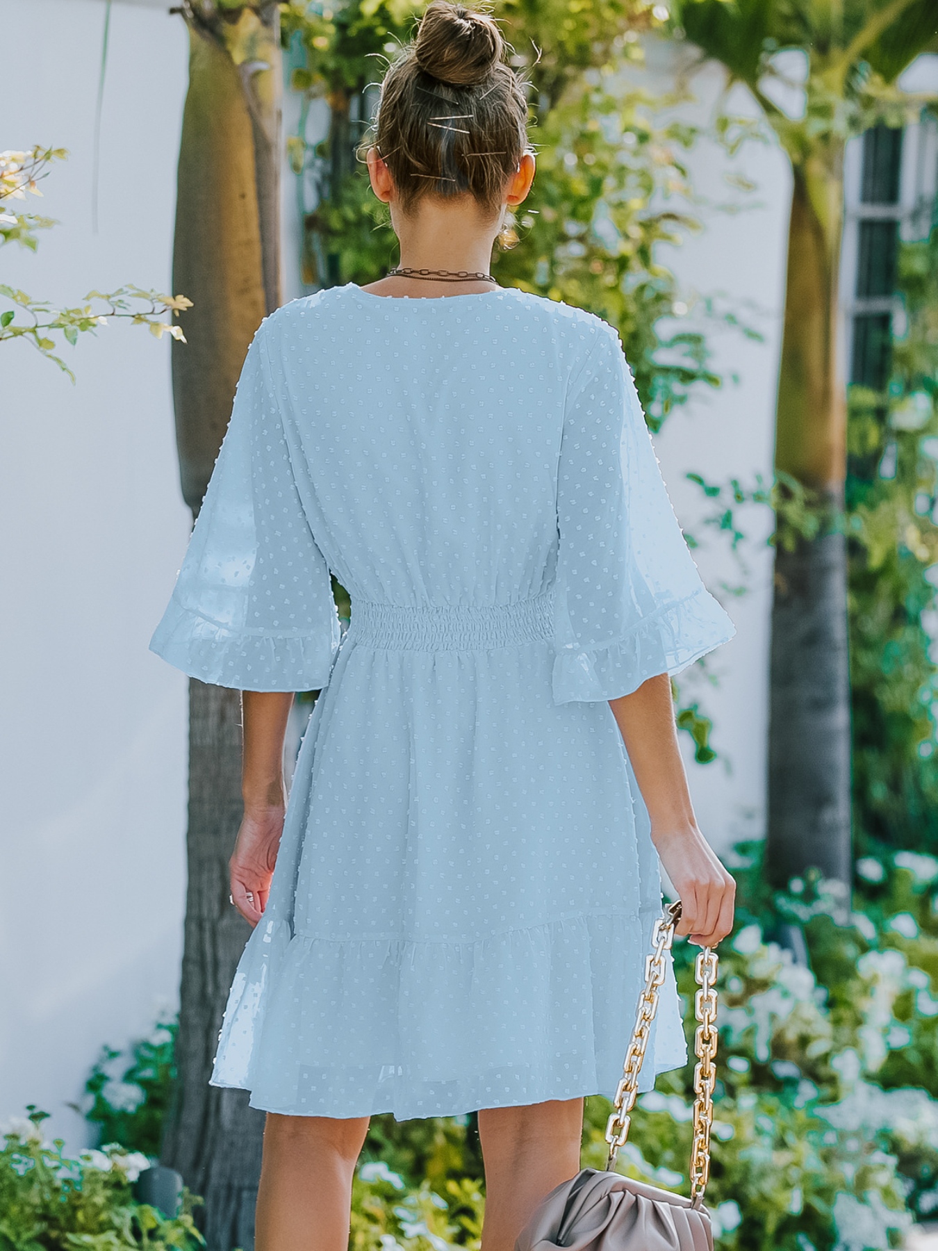 Swiss Dot Flare Sleeve Wrap Mini Dress