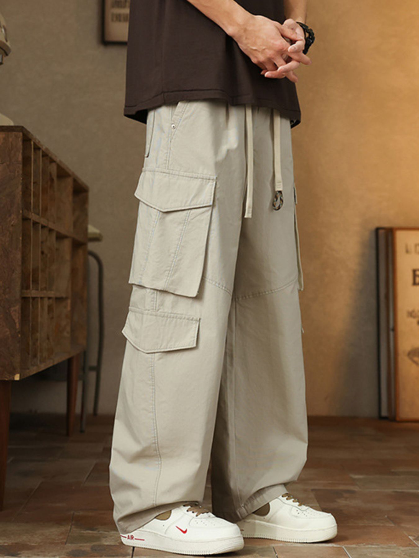 Men's Plus Size Loose Fit Cargo Pants with Drawstring