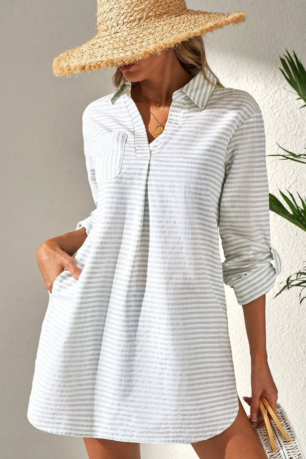 Striped Johnny Collar Long Sleeve Mini Shirt Dress