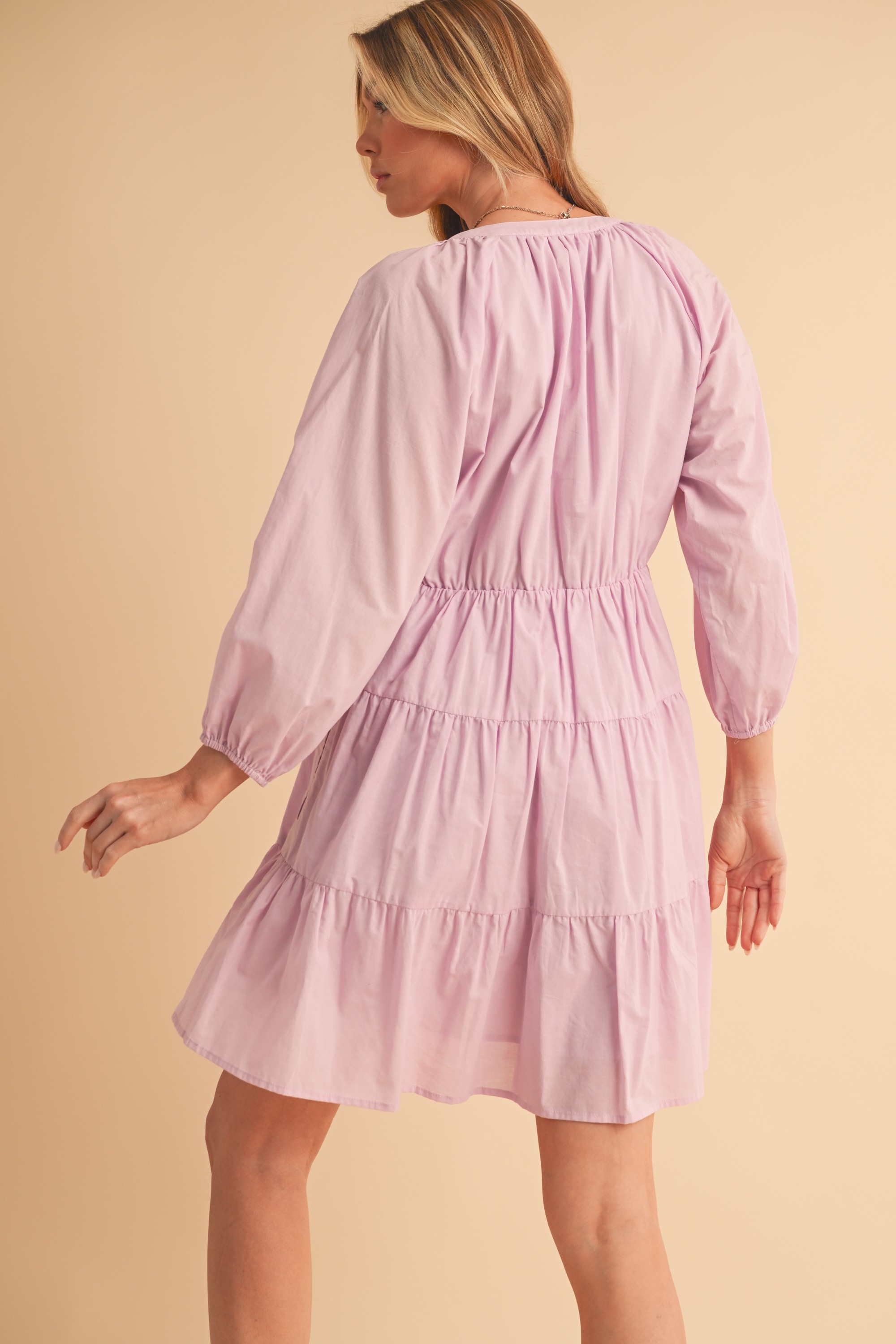 Notched Balloon Sleeve Tiered Mini Dress
