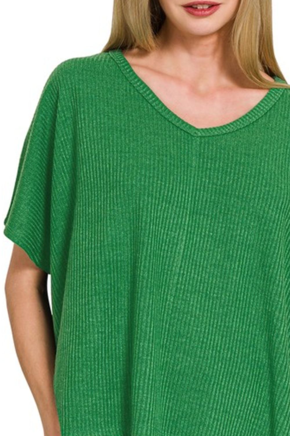 Ribbed V-Neck Short-Sleeve Knit Top