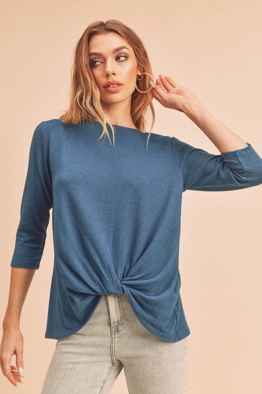 Twist Front Round Neck 3/4 Sleeve T-Shirt