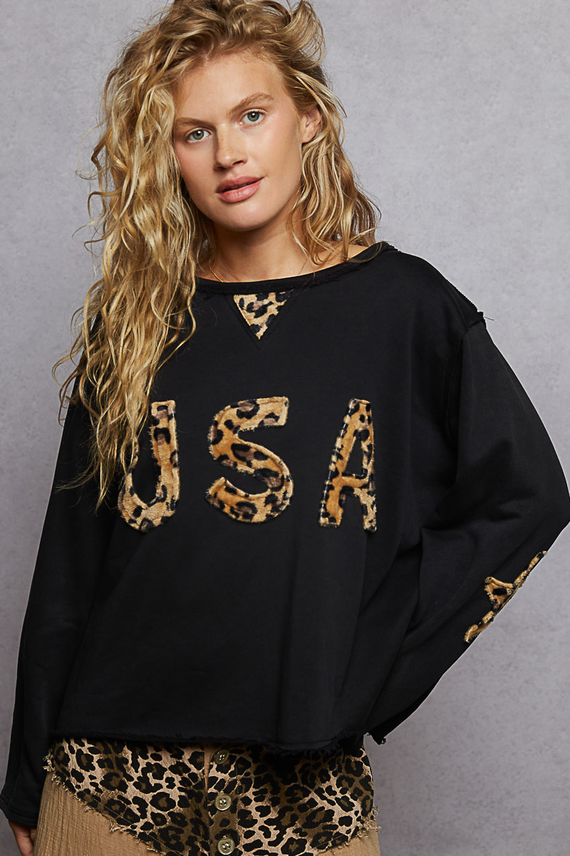 Round Neck Long Sleeve French Terry Sweatshirt with USA Letter Animal Patch