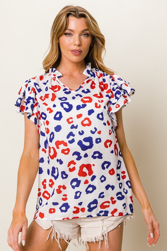 Leopard Notched Ruffled Cap Sleeve Blouse