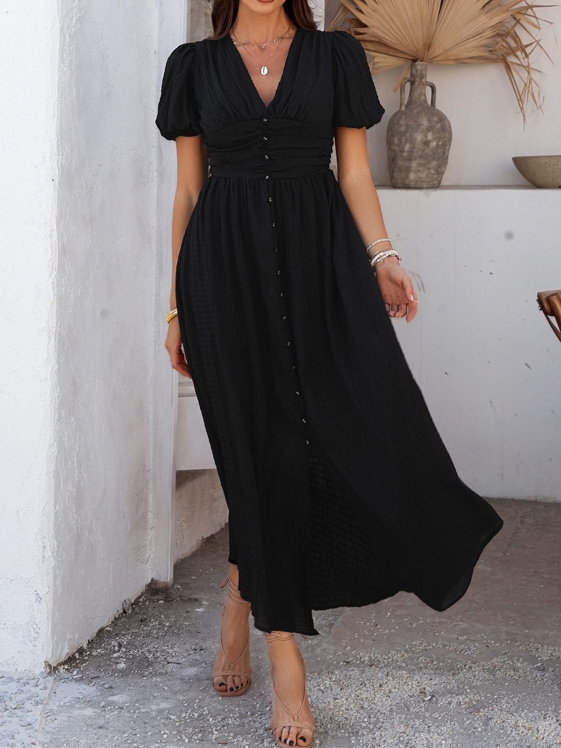 V-Neck Puff Short Sleeve Midi Dress