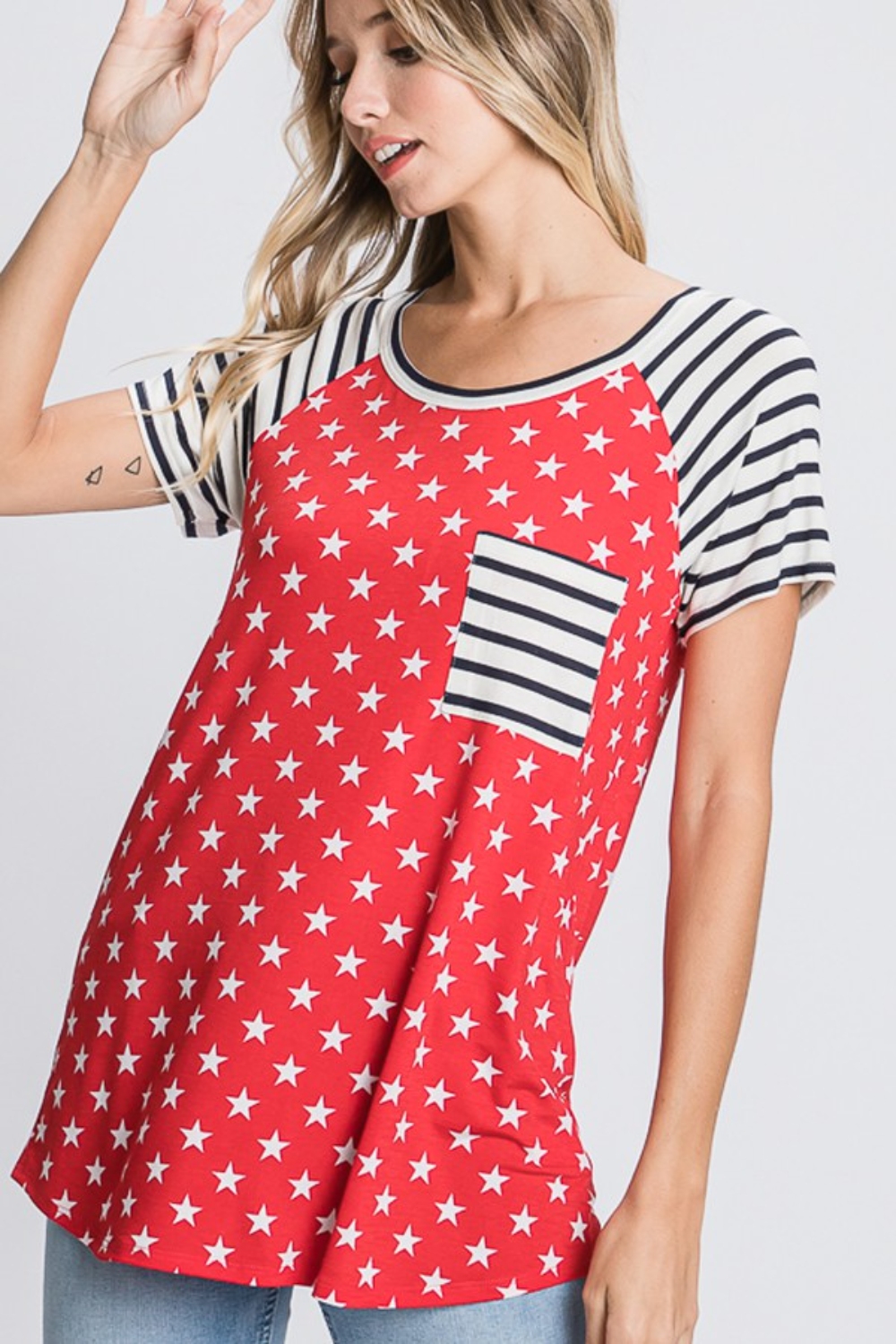 Full Size Star & Striped Round Neck Short Sleeve T-Shirt Plus Size