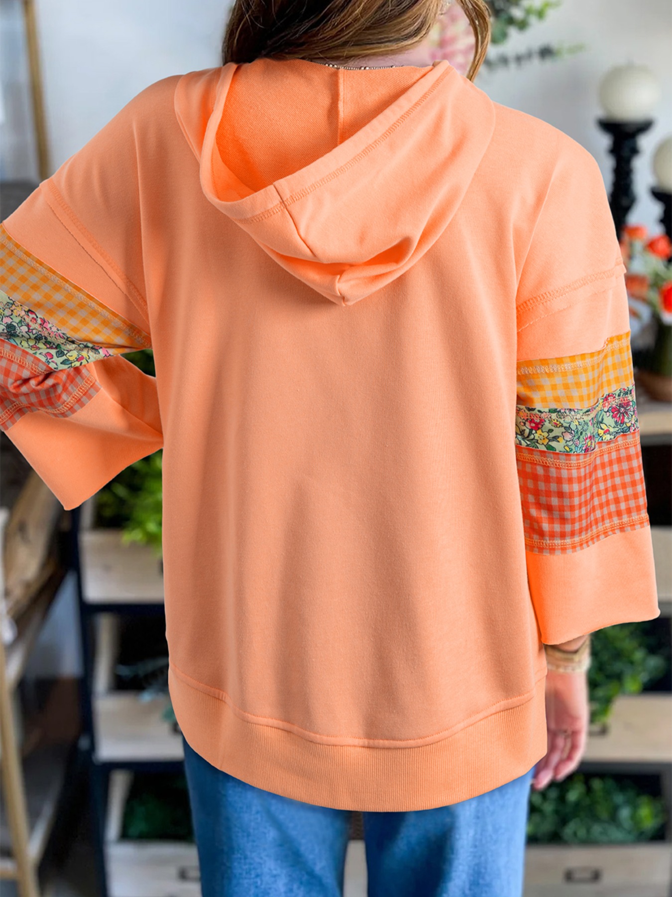 Plaid Floral Patchwork Kangaroo Pocket Hoodie