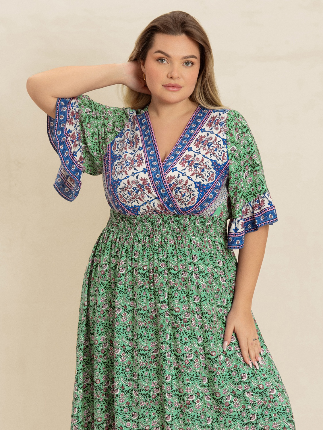 Plus Size Floral Print Smocked Waist Maxi Dress