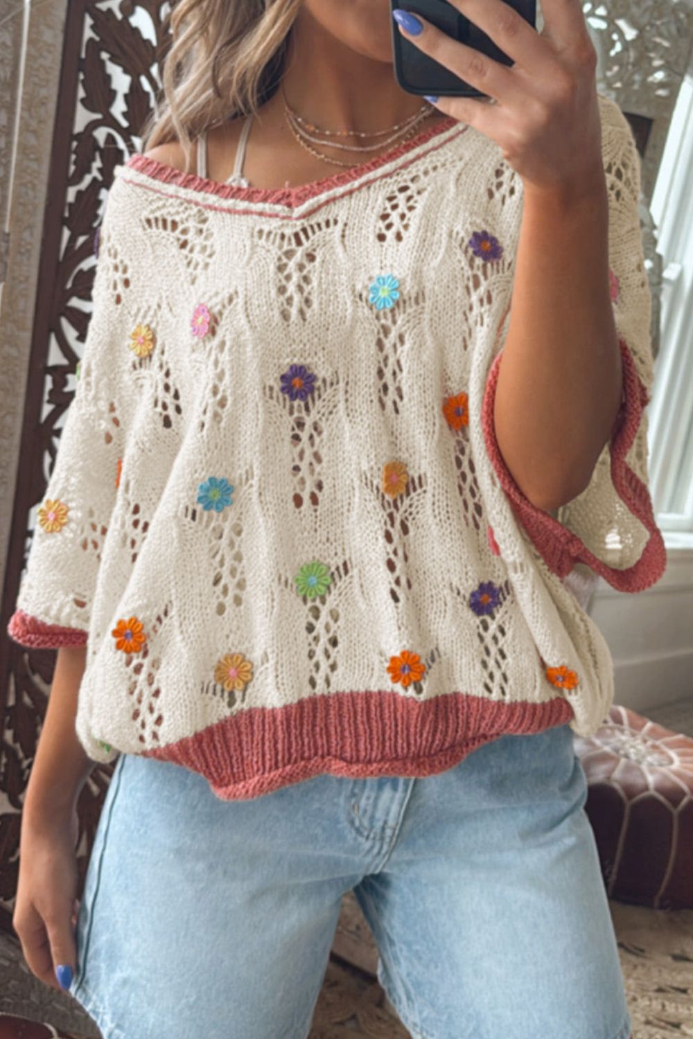 Openwork Flower Half Sleeve Knit Top view 5