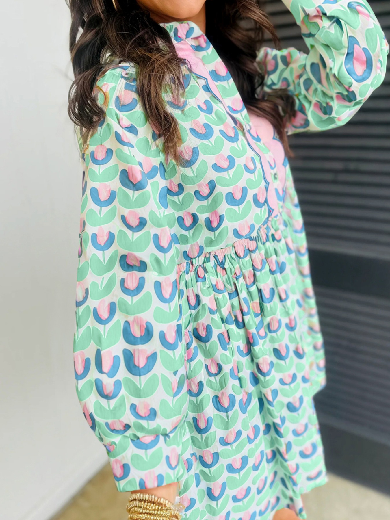 Printed Long Sleeve Shirt Dress