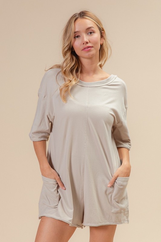 Short Sleeve Back Open Washed Romper