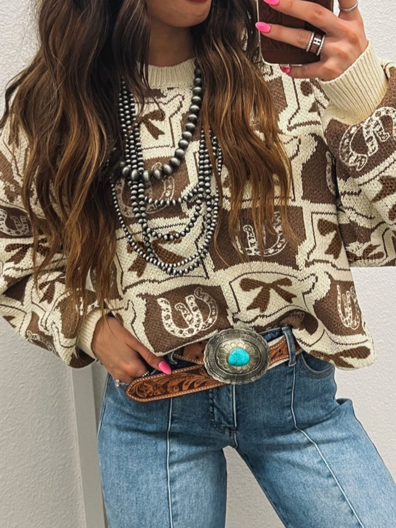 Graphic Round Neck Long Sleeve Sweater