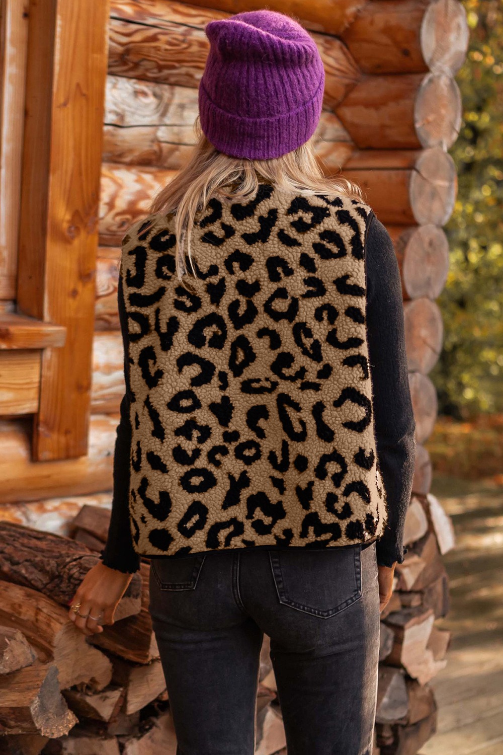 Leopard Print Sherpa Fleece Vest Coat