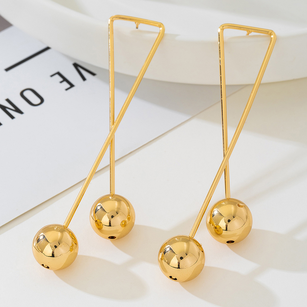 Modern Geometric Triangle Gold Ball Drop Earrings