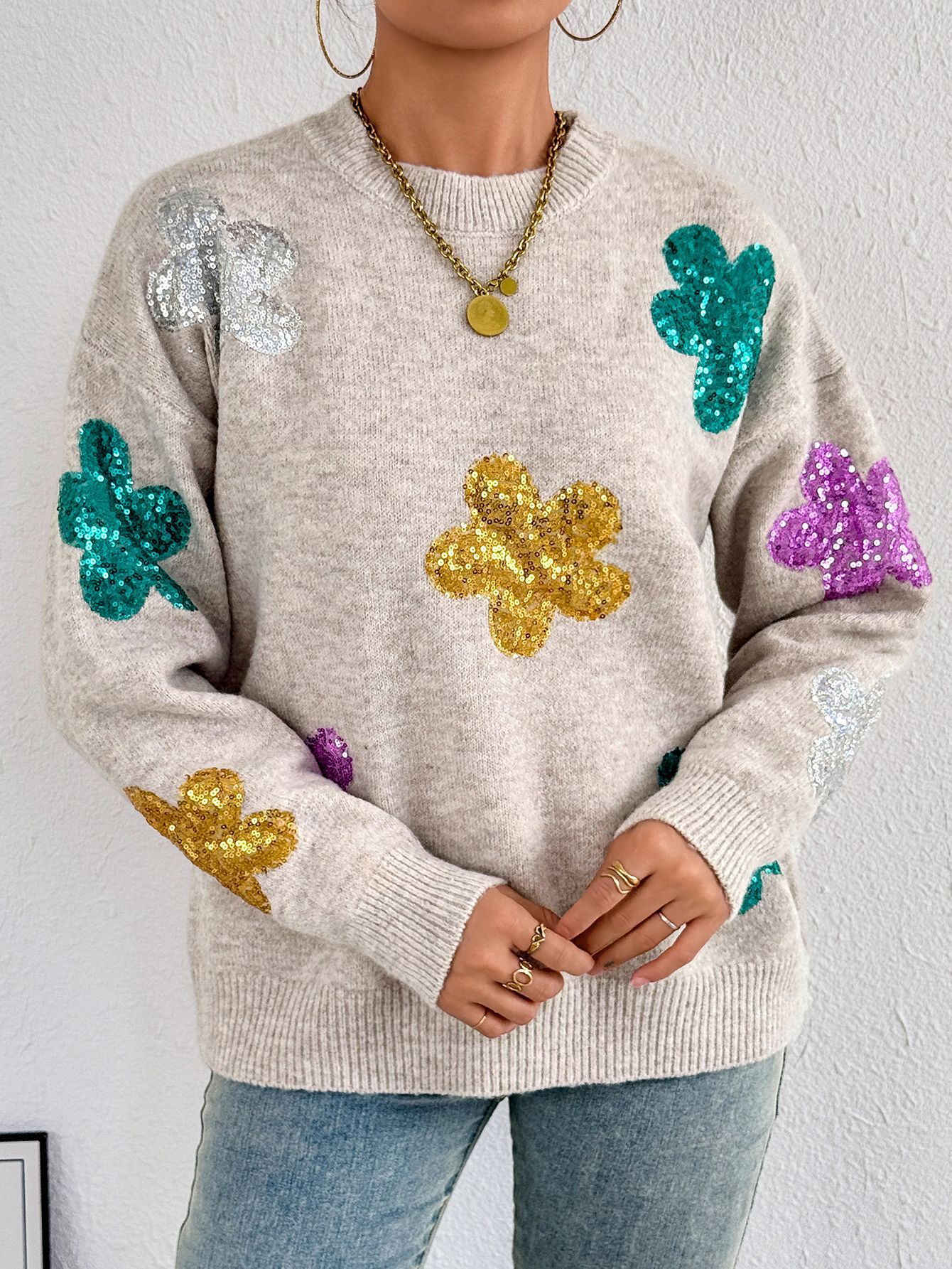 Sequined Floral Round Neck Sweater