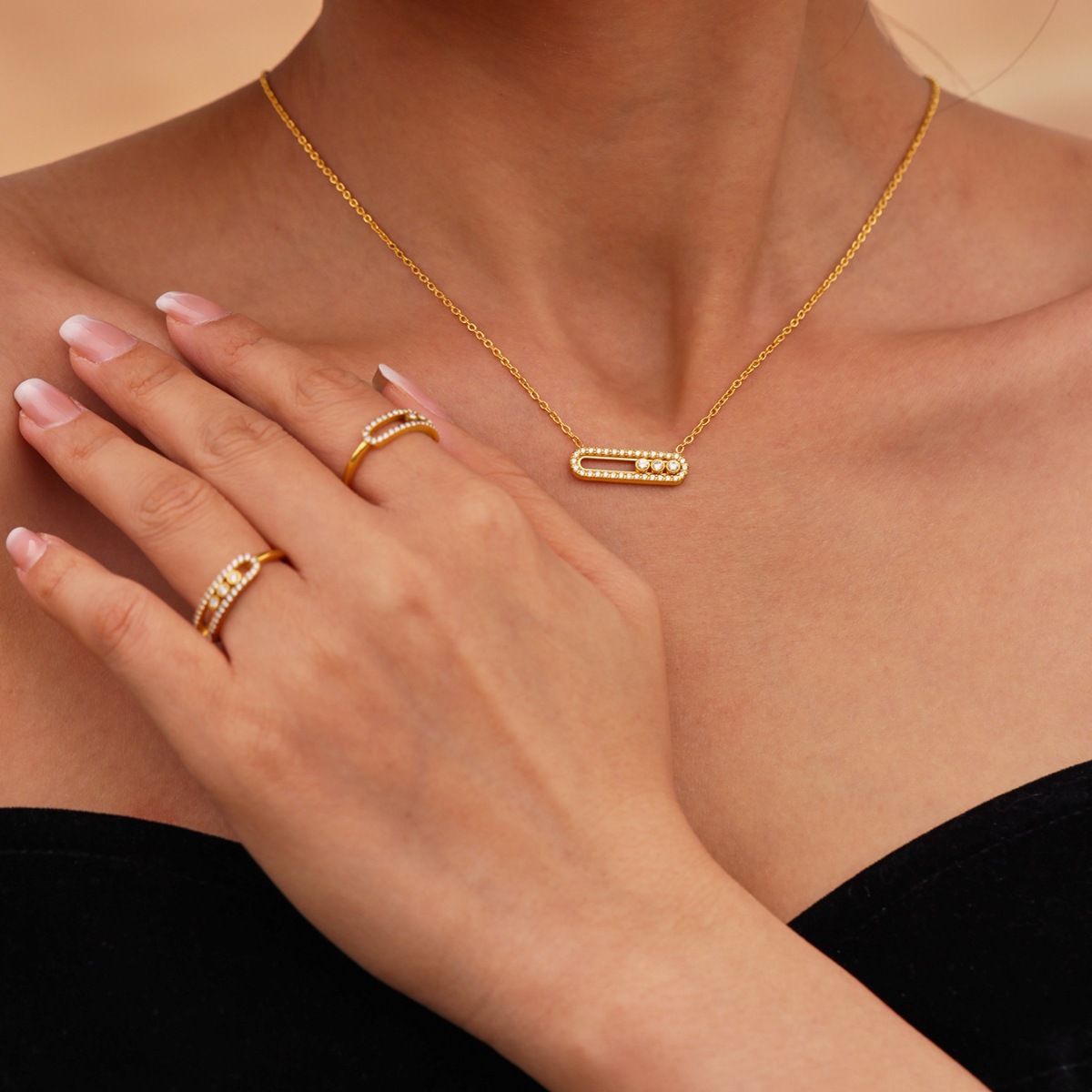 Moving Crystal Bar Necklace and Ring Jewelry Set