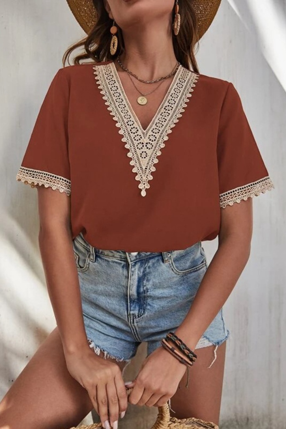 Full Size Lace Detail V-Neck Short Sleeve Blouse Plus Size
