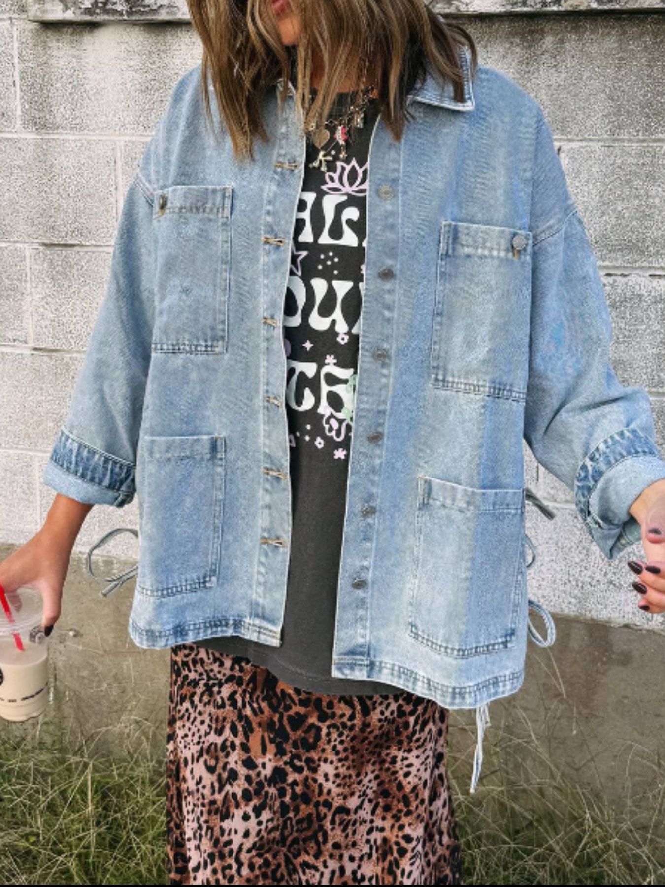 Patched Pockets Side Tie Denim Jacket