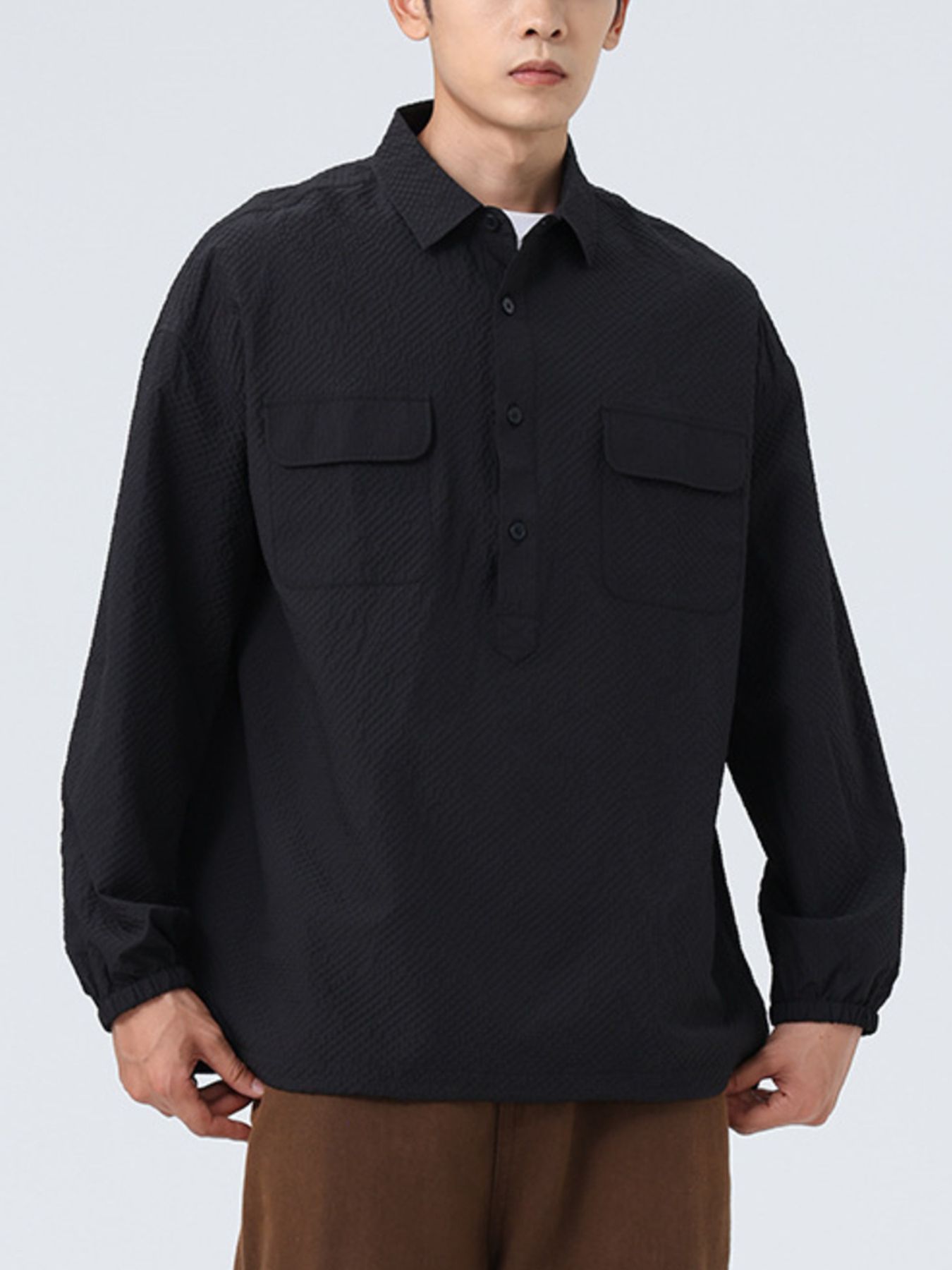 Men's Plus Size Button Detail Textured Relaxed Fit Polo