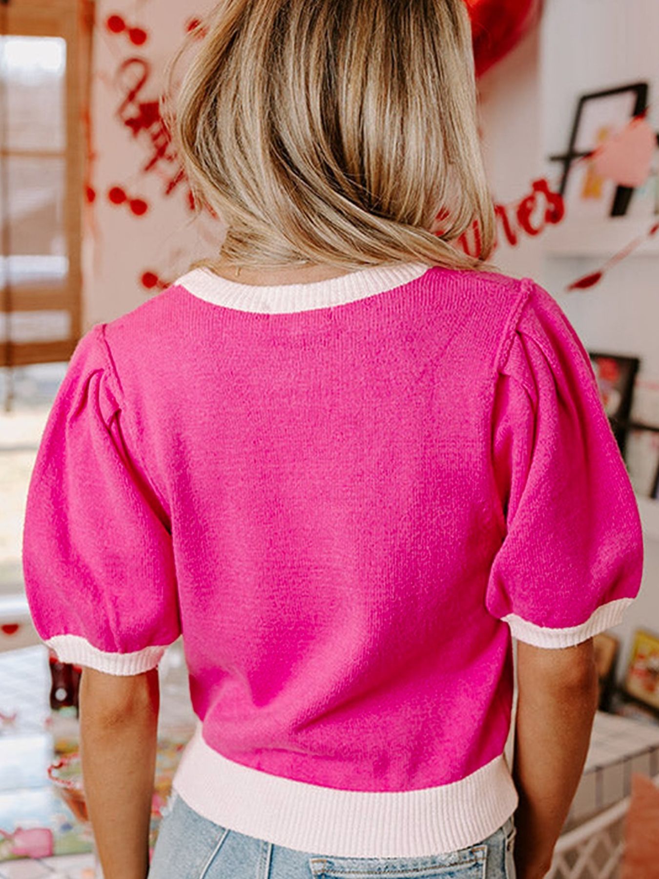 XOXO Valentines Contrast Trim Crew Neck Short Sleeve Sweater