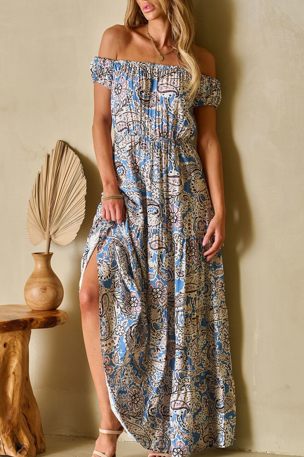 Boho Paisley Print Off Shoulder Maxi Dress