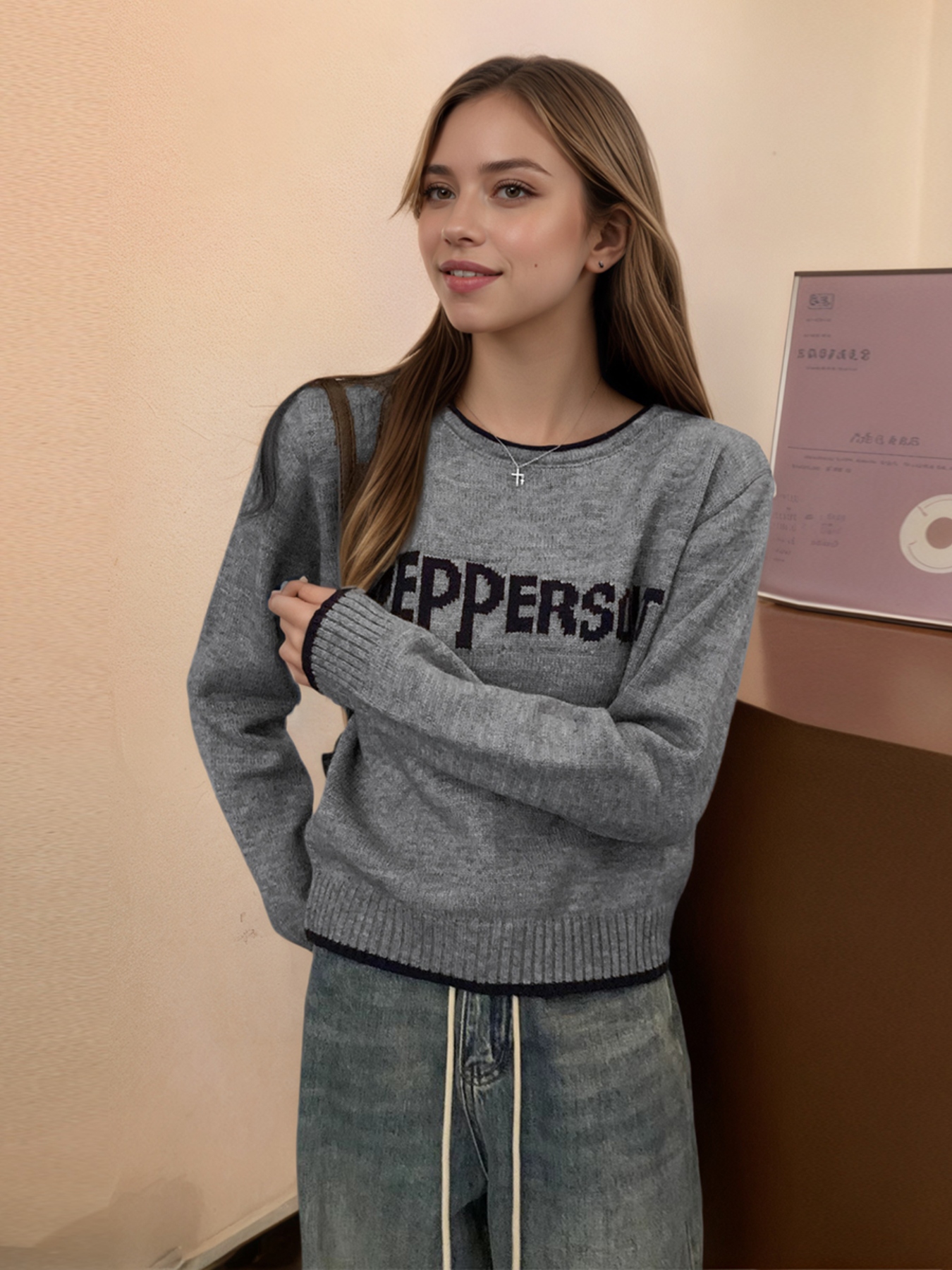 Letter Contrast Trim Round Neck Sweater