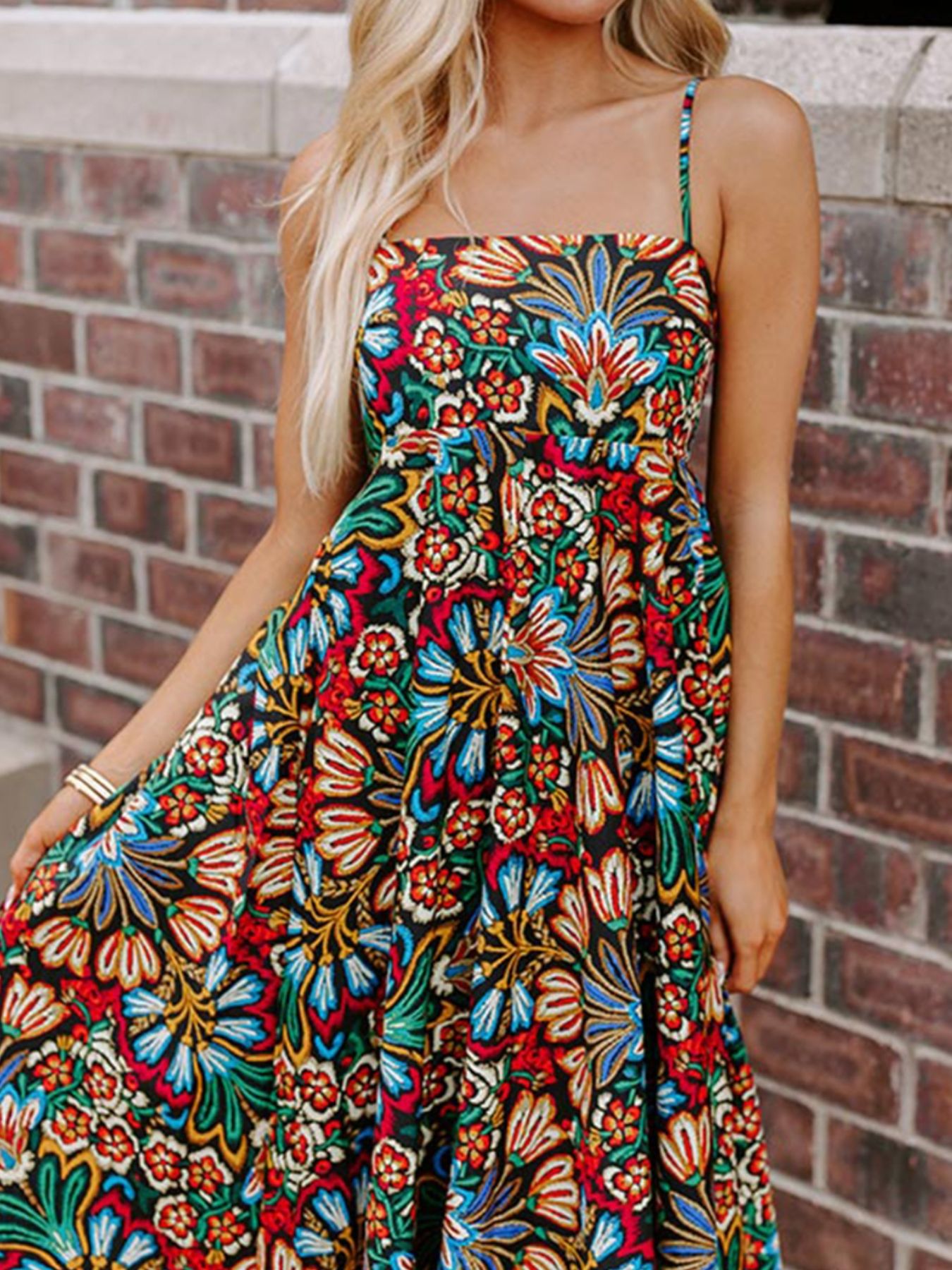 Floral Print Thin Straps High Waist Maxi Dress