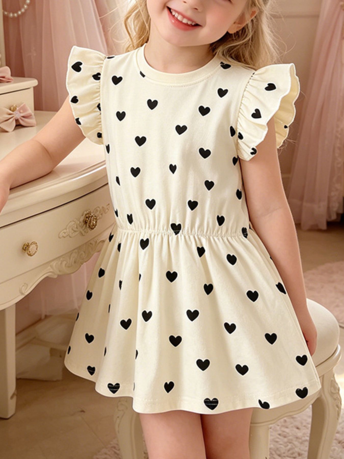 Children's Heart Print Ruffle Sleeve Dress 1
