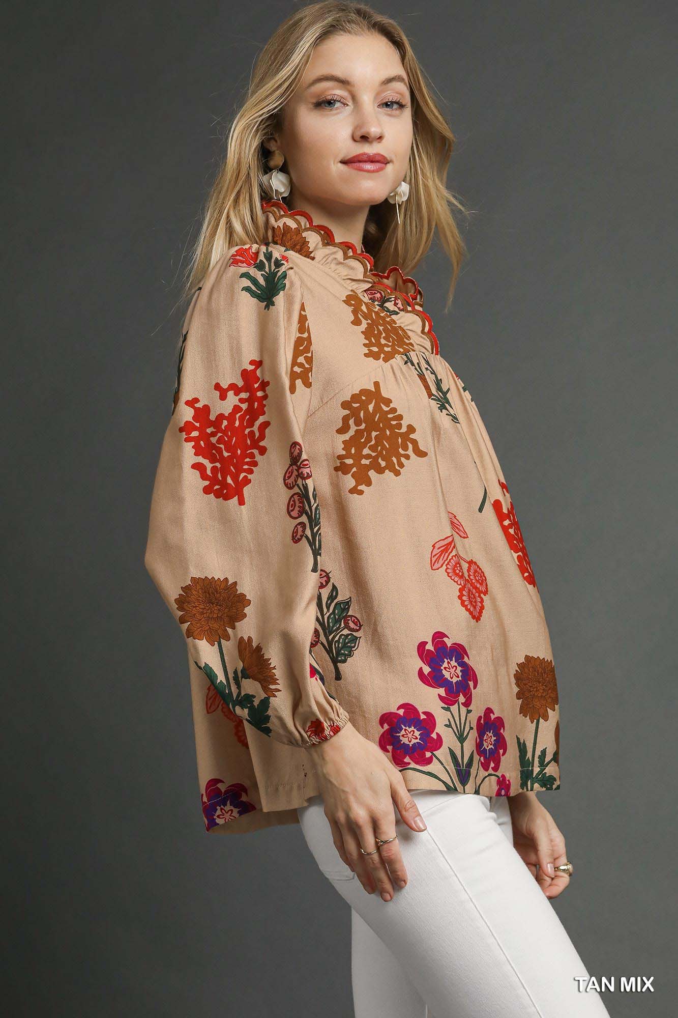 Umgee Flower Print Blouse with Scalloped Neckline