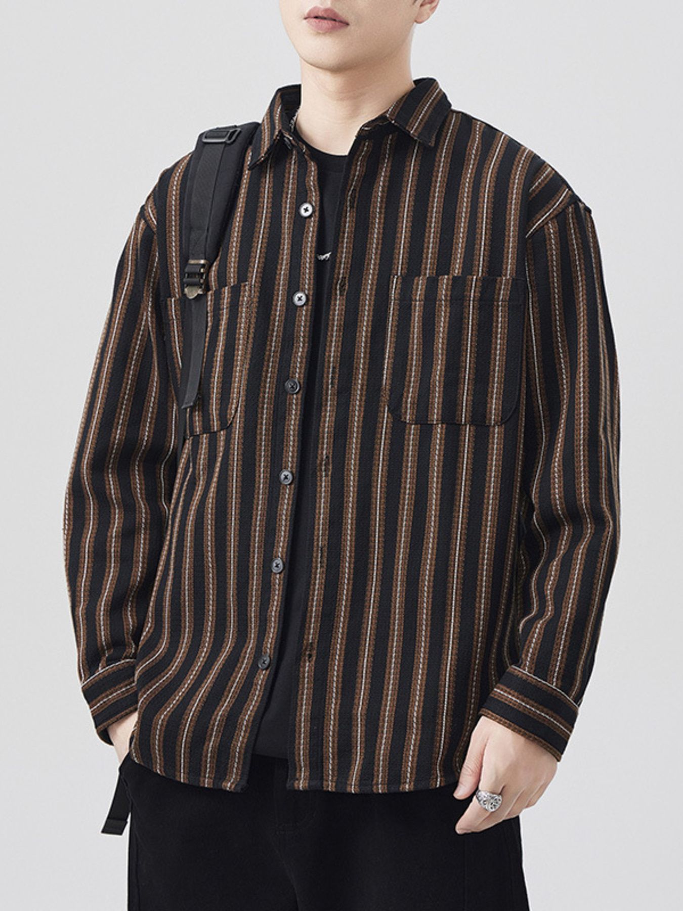 Men's Plus Size Striped Button Up Long Sleeve Shirt