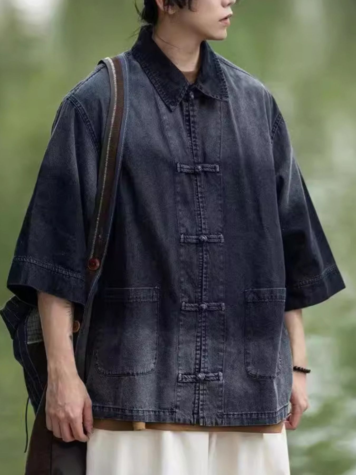 Men's Full Size Oversized 3/4 Sleeve Denim Shirt Plus Size