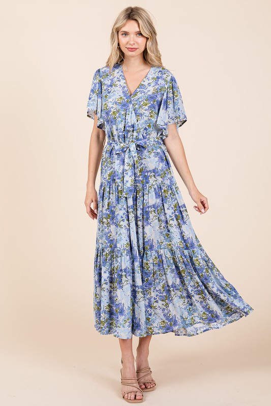 Floral Tie Waist Flutter Sleeve Tiered Dress